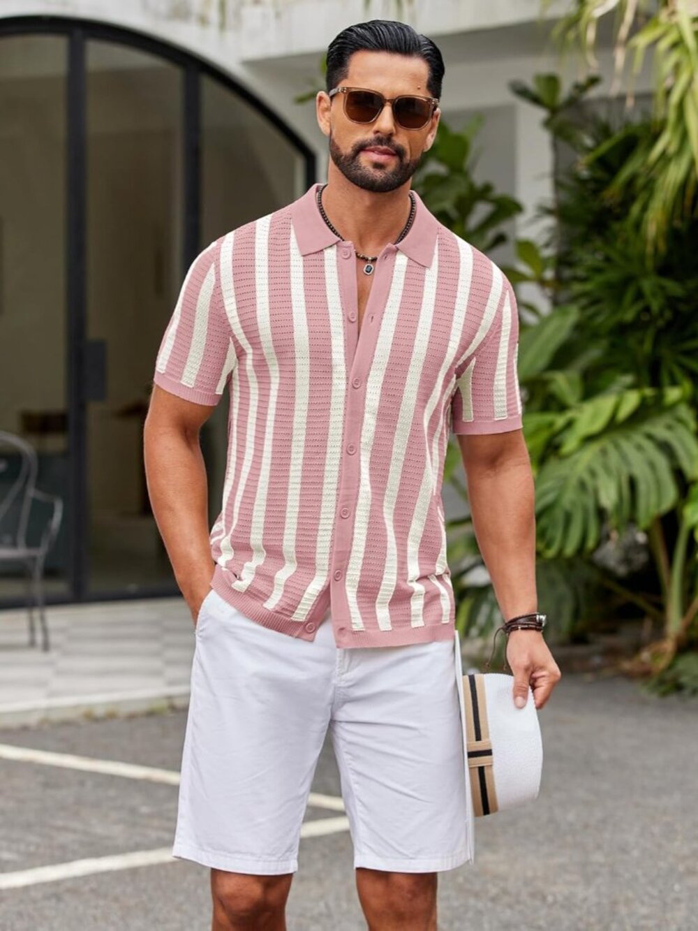 Men's Pink & Beige Knit Striped Polo Short Sleeve Summer Beach Casual Shirt - Picture 4 of 6